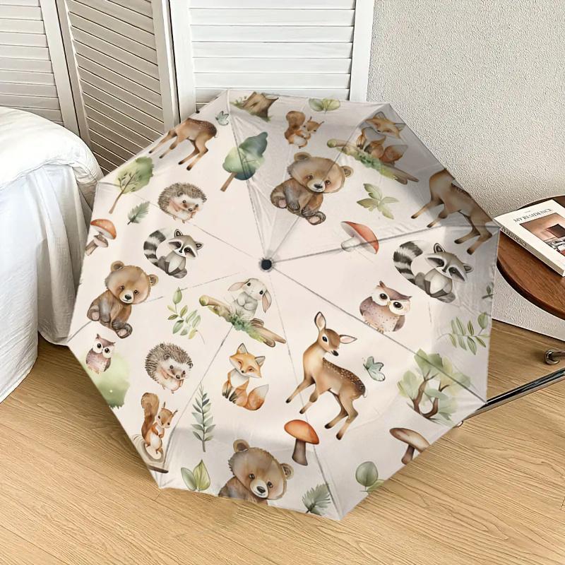 Woodland Animal Forest Friends - Automatic Opening Umbrella, Portable Tri-Fold Design, 8-Bone Iron Frame Outdoor Umbrella, Festival Gift for