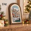 Arte Decorativa da Parete Cornice Portafoto in Legno Arcuata Vintage con Illustrazione Natalizia, Invecchiata Retrò per Decorazione Desktop e Camino,