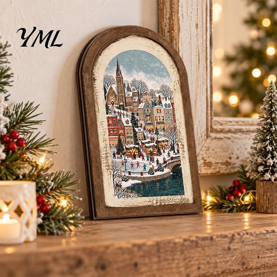 Arte Decorativa da Parete Cornice Portafoto in Legno Arcuata Vintage con Illustrazione Natalizia, Invecchiata Retrò per Decorazione Desktop e Camino,
