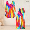 Women Plus Size White Navy Blue Printed V Neck Three Quarter Sleeve Flared Top Flared Pants Two Piece Set