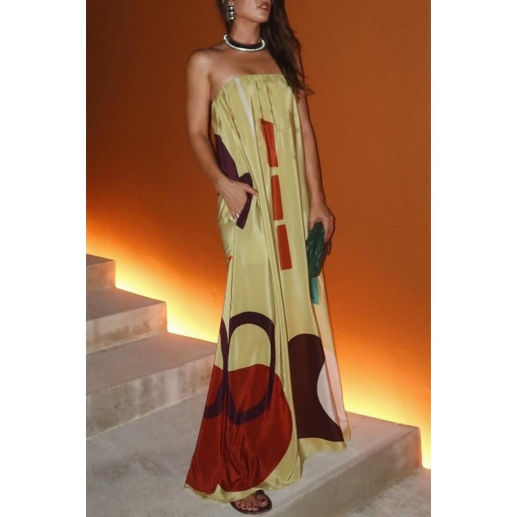Women's Strapless Sleeveless Maxi Dress Loose Relaxed Waist European Printed Sundress