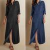 Revers V-Ausschnitt Langarm Mehrere Taschen Denimkleid Damen Mode Knöpfe Einfarbig Denimhemd Langes Kleid Streetwear