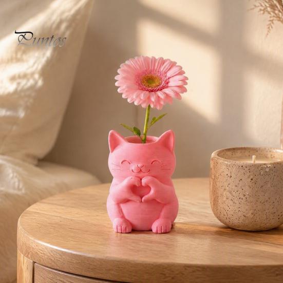 Gifts for Cat Lovers 3D Printed Vase, Cute Smiling with Heart?Hand Gesture Flower Holder, Creative Housewarming Presents Animal Shaped Desktop