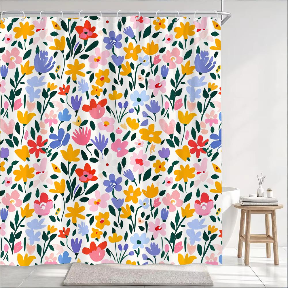 Black And White Flowers Printed Shower Curtain Partition Privacy Hanging Floral Bathroom Curtain With Hooks Decoration Curtain