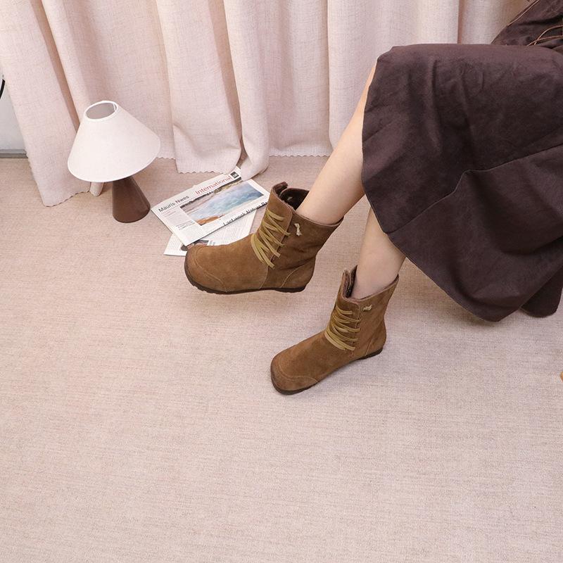Johnature Plush Cow Suede Plush Women's Mid-calf Boots Retro Lace-up Warm Flat Bottom Snow Boots