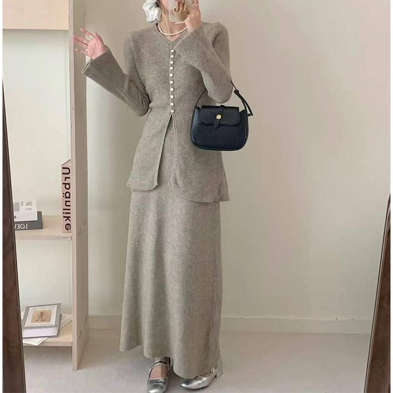 Breasted Design, Horn Sleeves, High-end Sweater, Two-piece Skirt, Autumn and Winter New High-waisted Skirt Knitted Sweater Set