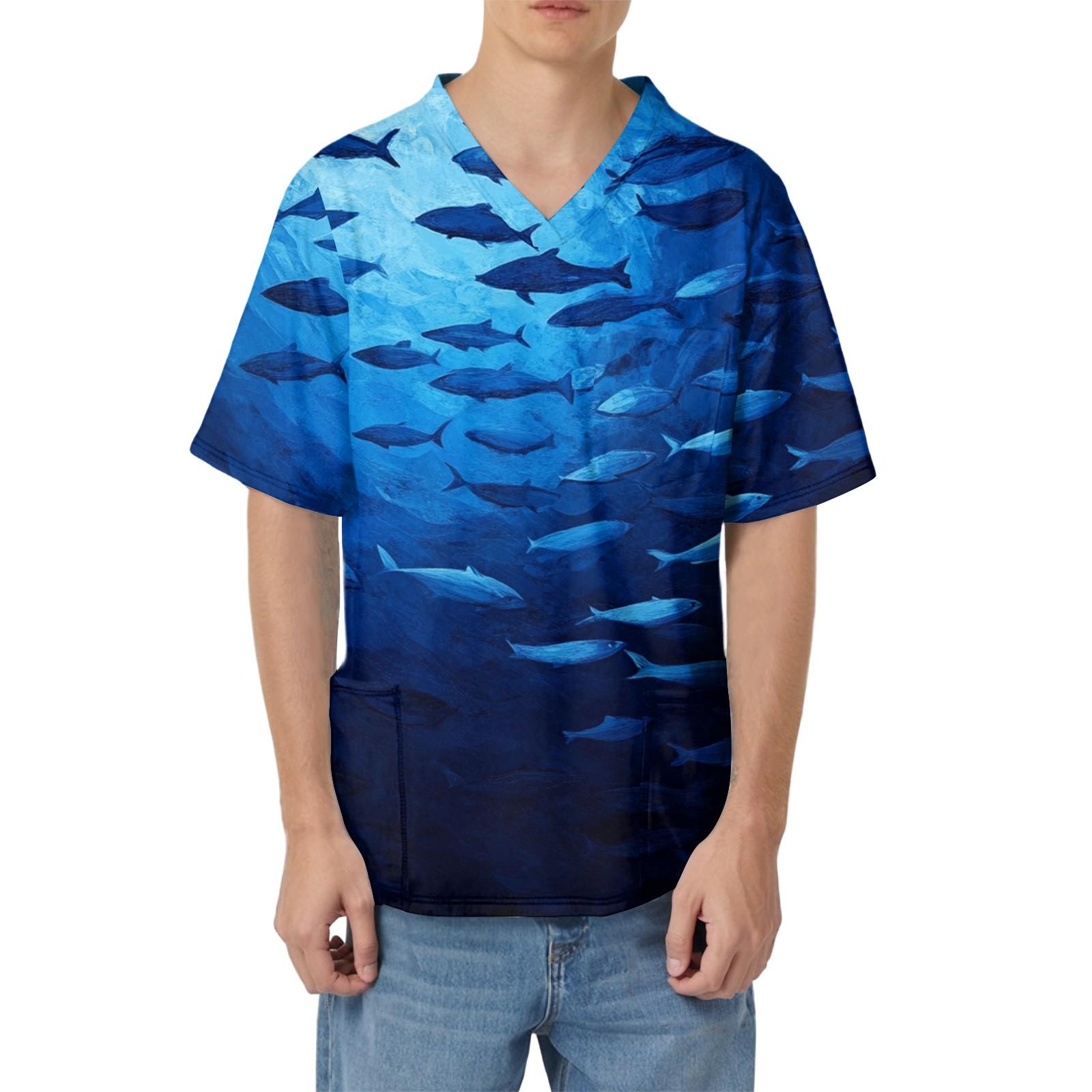 

Men s Printing Short Sleeve V-neck Working Blouse Chest Pocket Carer Top XXL