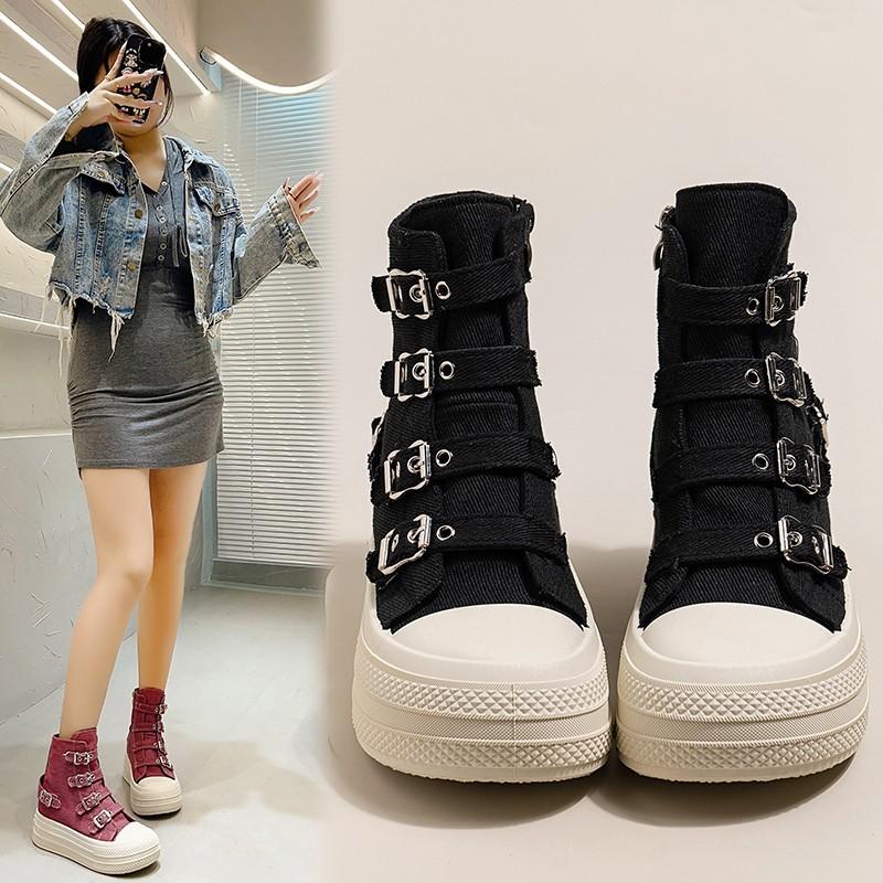 Inner Height Increase of 6.5cm~ Small Versatile High-top Canvas Shoes for Women's Spring and Autumn Breathable Gaobang Platform Shoes Height Increas