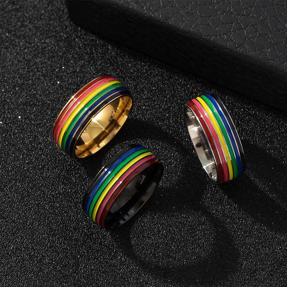 Lucky Star Jewelry Women's Retro Rainbow Colorful Ring For Men Stainless Steel Punk Gothic Edgy Zircon Modern Artistic Fashion Accessories Girl Gift