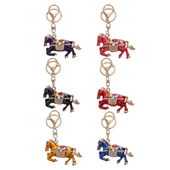 Keychain Pendant Chinese Style Rhinestones-Encrusted Oil Painting 3D Zodiac Horse Design Key Chain Metal