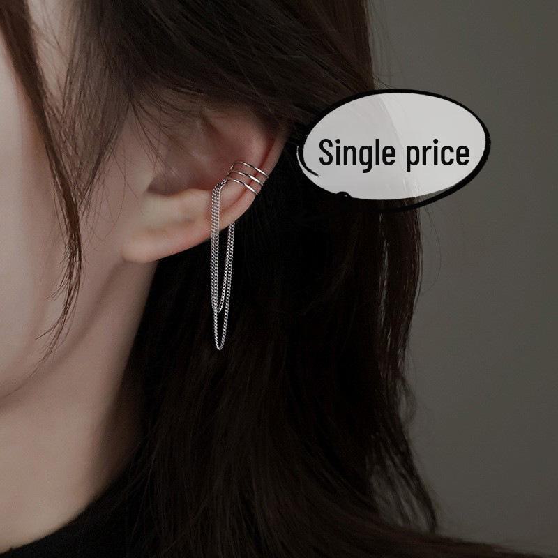 Non-Pierced Double-Layer Tassel Ear Cuff with Long Chain and Trendy Hong Kong Style