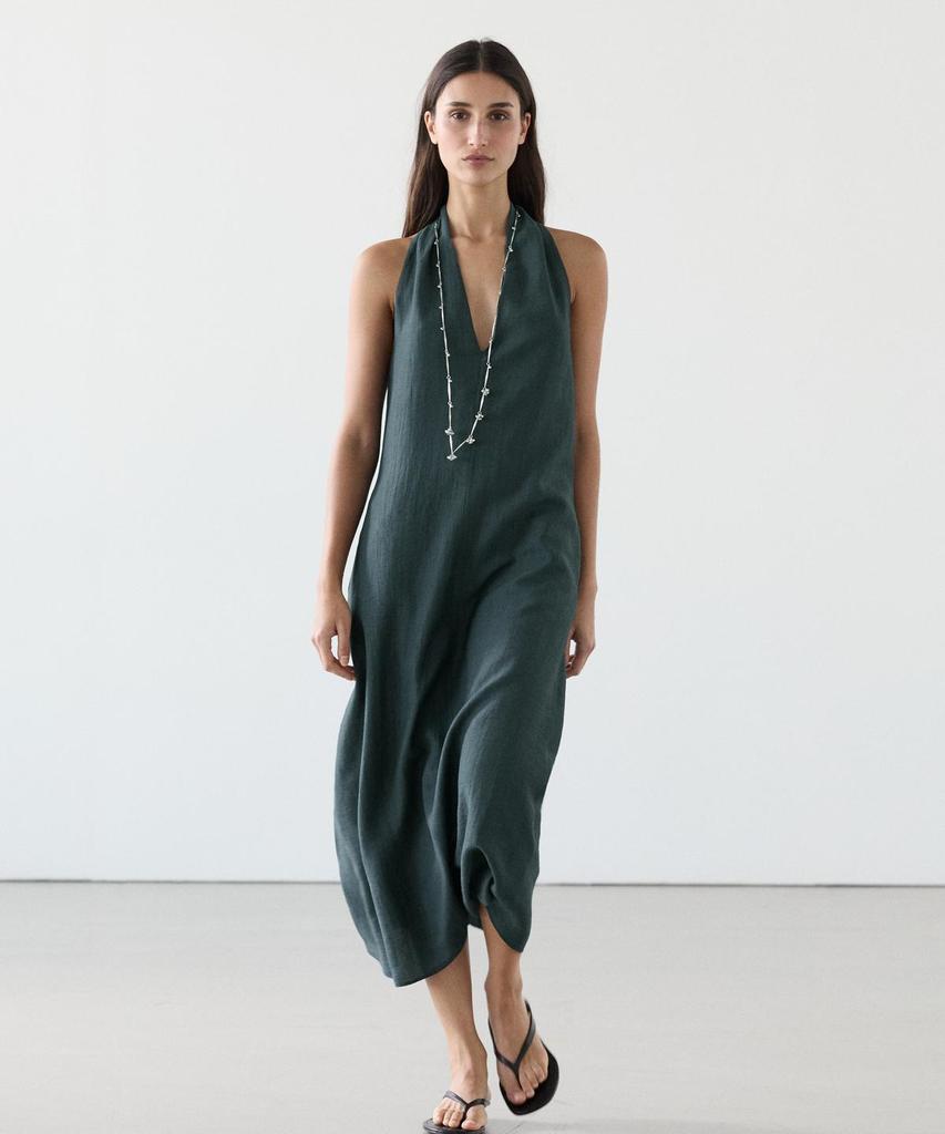 Masimodutti Linen V-Neck Midi Dress