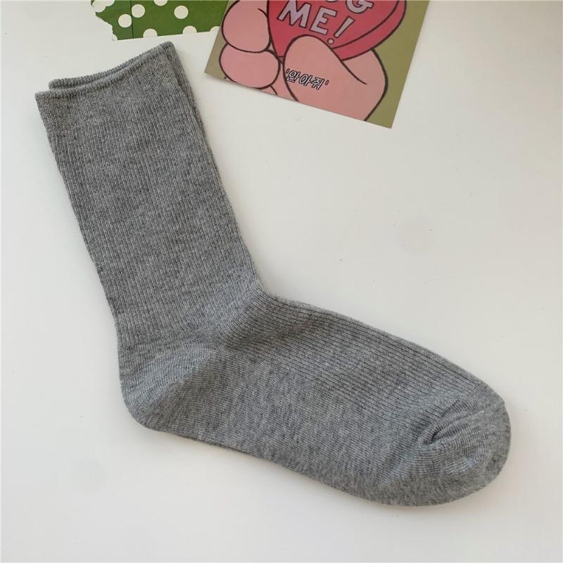 Bomull Ensfarvede Sokker for Kvinner, Høst Tynne Tynne Stripete Frotte-sokker for Kvinner, Midt-legg Sokker