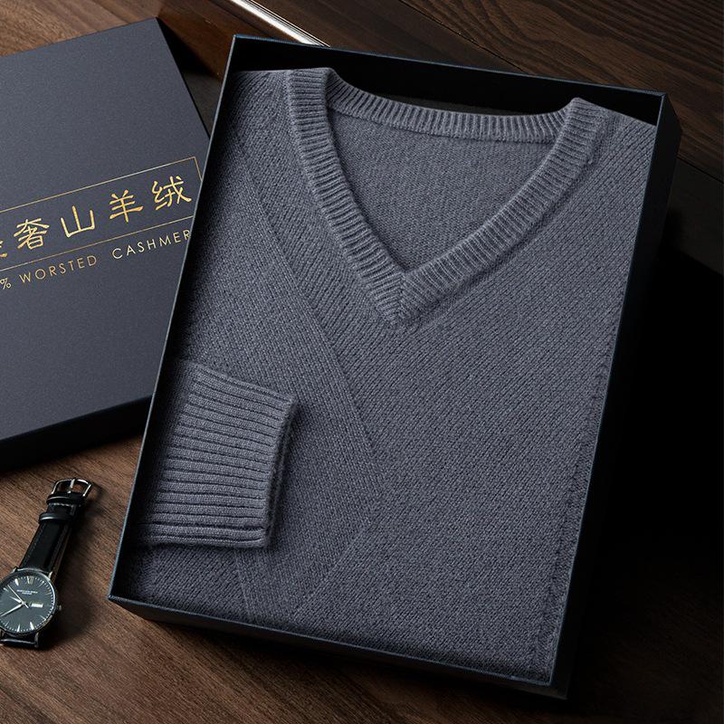 Men's Thickened V-neck Cashmere Sweater - Business Casual Autumn/Winter Jumper