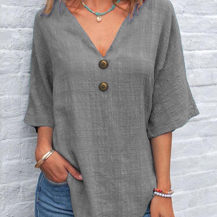 

V-образный вырез на пуговицах с короткими рукавами, модная повседневная футболка для женщин XXL серый