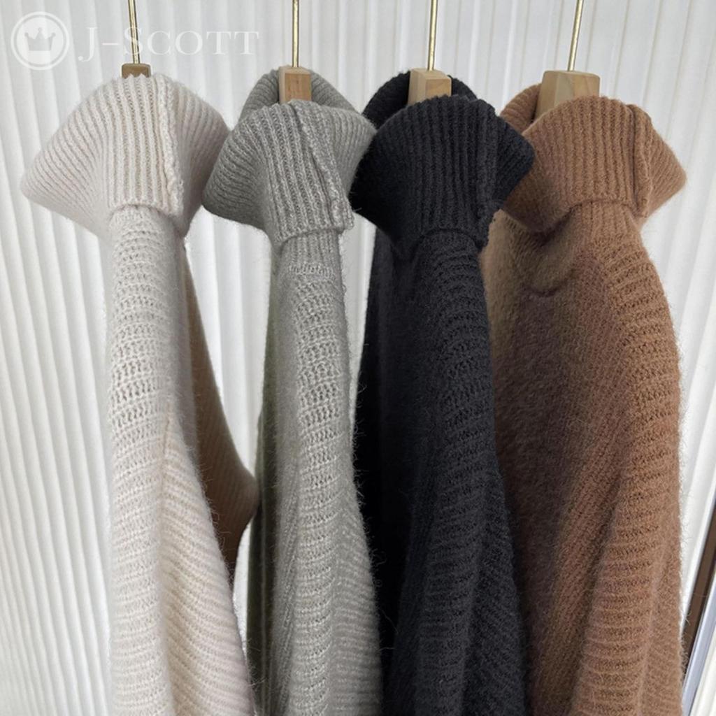 J-Scott Women's Knit Turtleneck Dress with Drop Shoulders, Voluminous Sleeves, and Midi Length, Black, JS116-BK-L