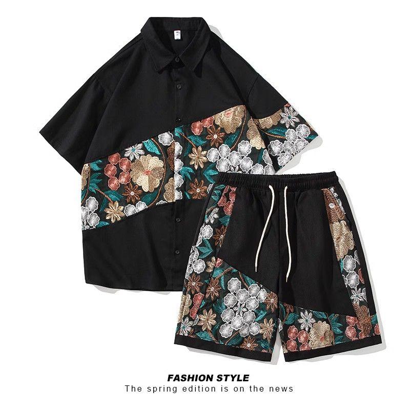 

Нарядный Красивый Костюм Цветочный Вышивка Мода Вайб Профиль Рубашка Мужской Короткий Рукав Летний Пляжный Комплект из Двух Предметов Прилив Black L