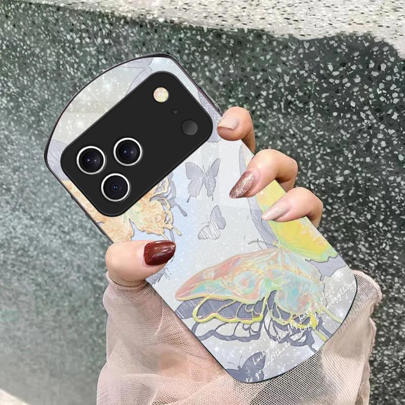 Lucky Butterfly Painting For iPhone 17 Air 16 15 14 Pro 13 Plus 12 Mini 11 Pro Max XR X 7 8 Elliptical Tempered Glass Phone Case