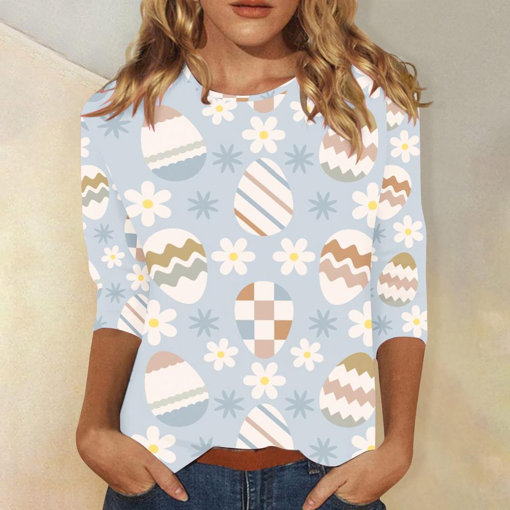 Round Neck 3D Rabbit Festival Printed Top Fashionable Casual Long Sleeved Women's T-shirts