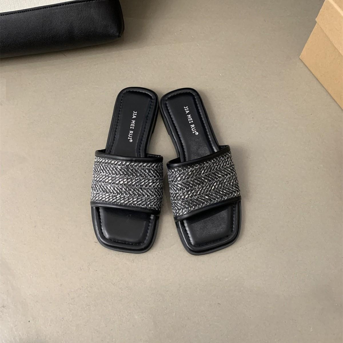 

Fashion Summer Weave Women Beach Slippers Concise Open Toe Slide Ladies Outdoor Comfort Soft Sole Sandalias 40 чёрный