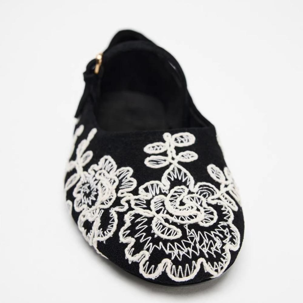 Fashion Retro Embroidered Flower Flat Ballet Shoes for Women 2025 Spring New French Round Head One Word Mary Jane Single Shoes Womens