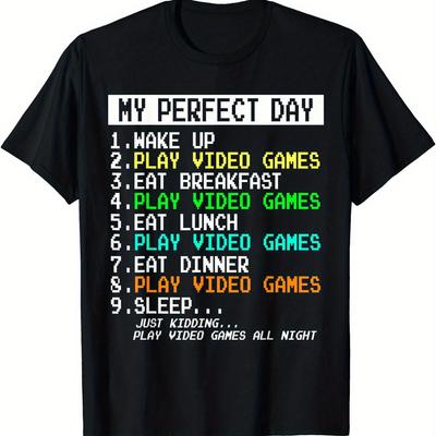 Funny Gamer Humor TShirt Retro Pixel Font My Perfect Day All Day Gaming Schedule Print Tee Video Game Fan Short Sleeve Tops
