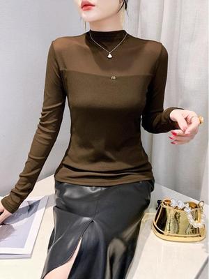 Women's 2025 Slimming High Neck Mesh Base Layer - Long Sleeve, Velvet-Lined, Stylish Inner/Outerwear