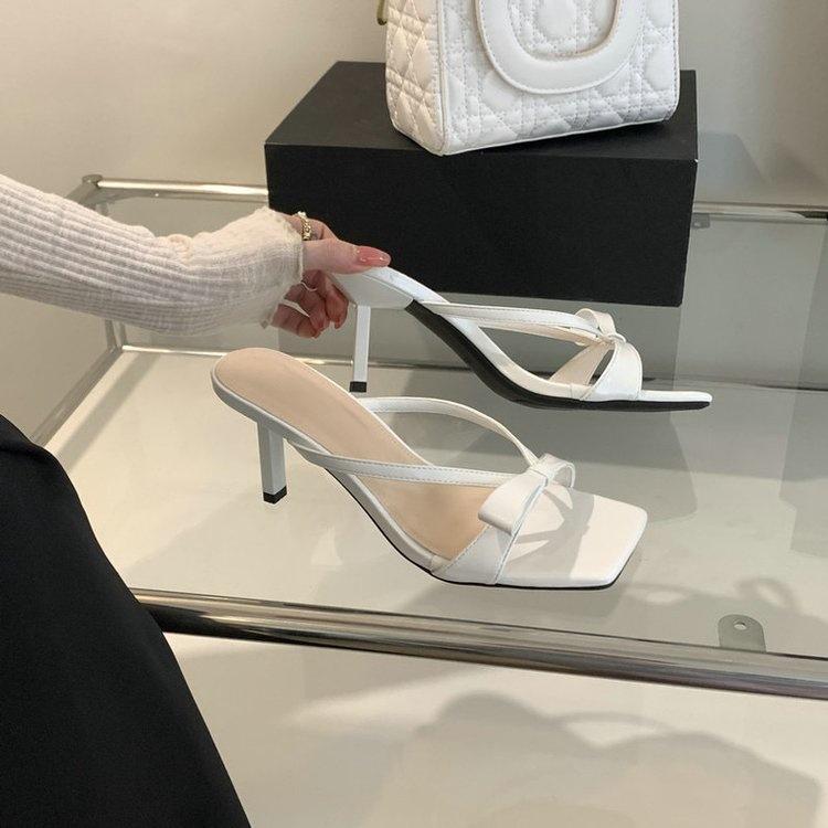 Slippers for Women 2025, High-end Fairy Style Butterfly Bow Pink Square Toe Exposed Toe Slim Heel High-heeled Sandals