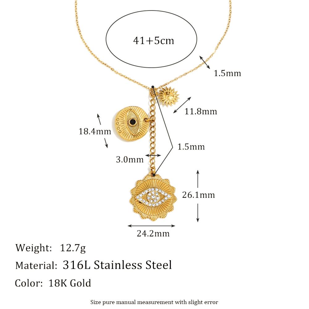 MamacitaSlay Exclusive Stainless Steel Sun Moon Star Devil's Eye Long Pendant Necklace For Women's Party Waterproof Jewelry Gift