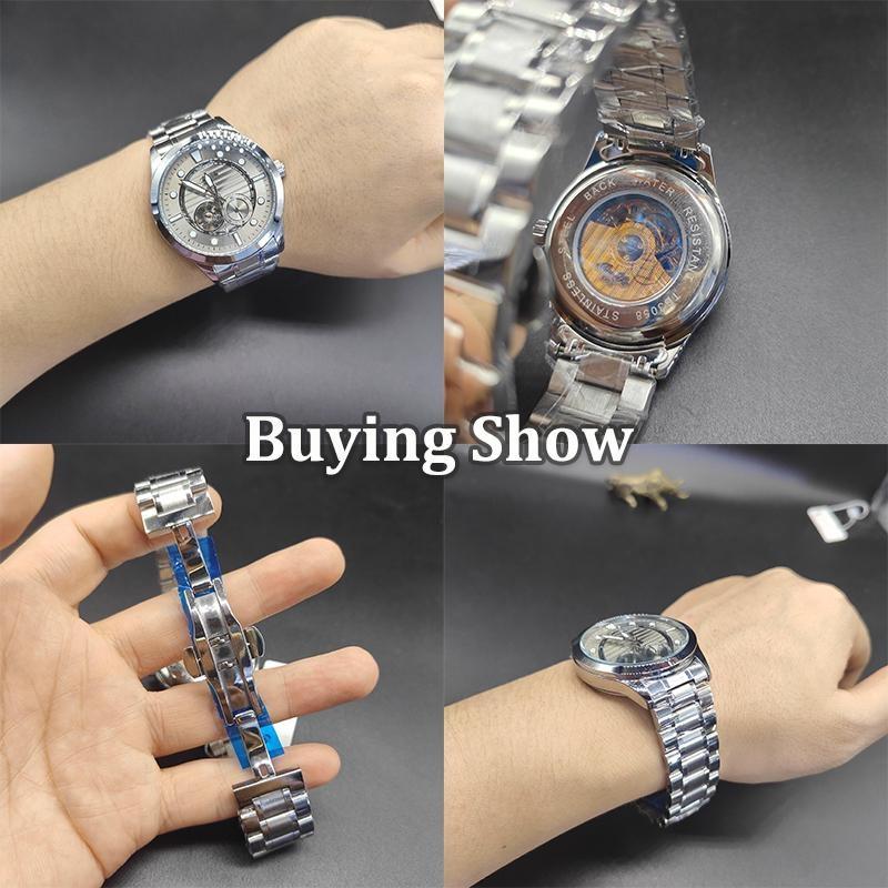 Mens Automatic Mechanical Watch Grey Skeleton Dial Luminous Hands Waterproof Business Wristwatch