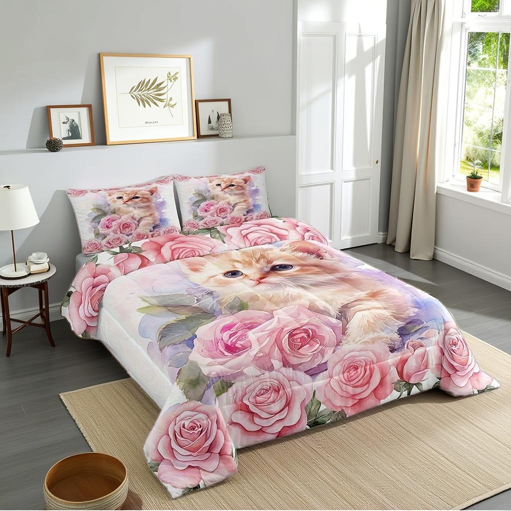 Kawaii Rosa Katzenbettwäsche Set Einzel-/Doppel-/Queensize Floral Rosa Rosenblüten Bettdeckenbezug Set für Damen- und Mädchenzimmerdeko