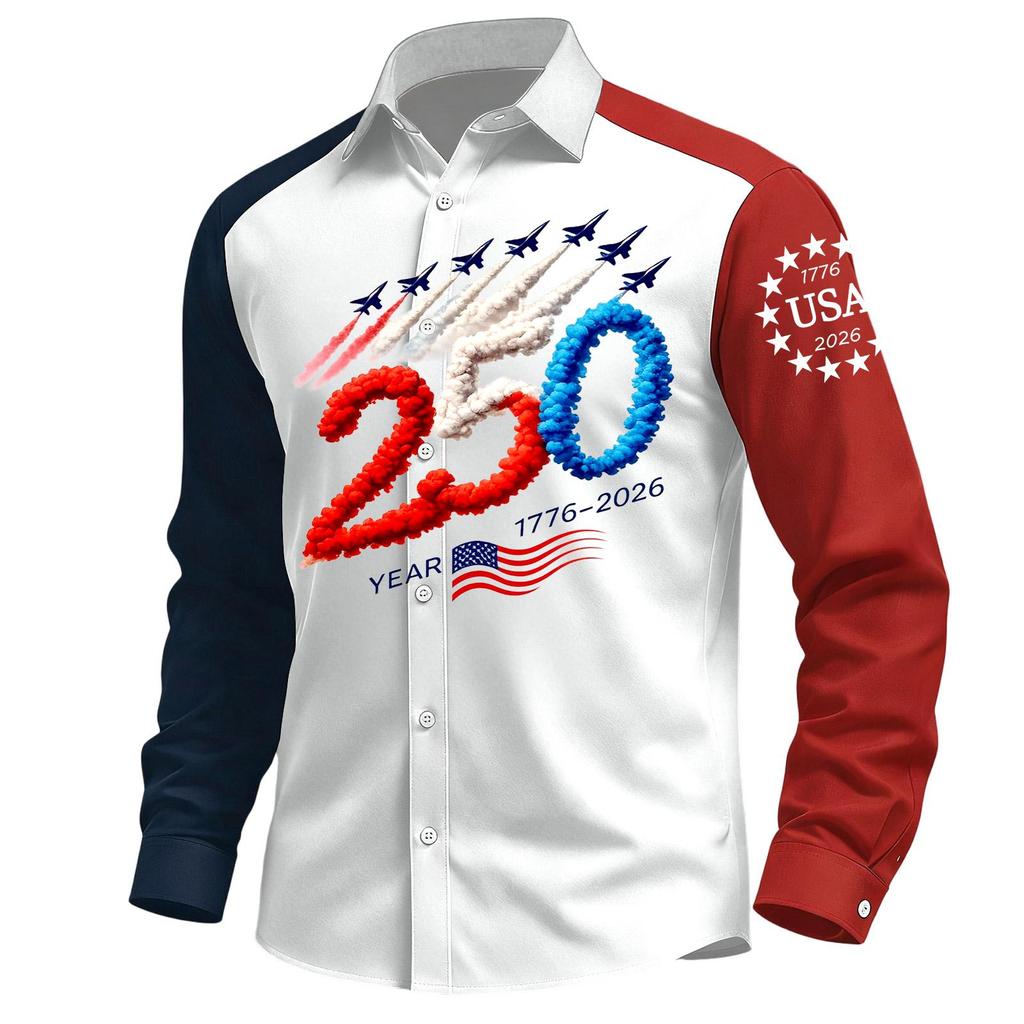 Men's Casual Independence Day Printed Lasel Button Long Sleeve Shirt