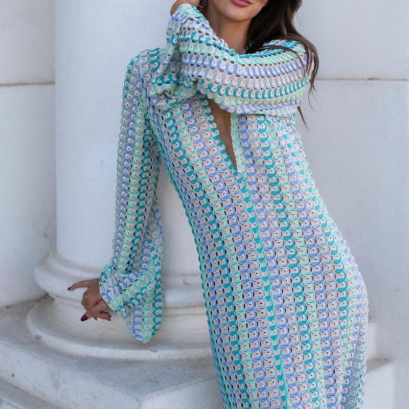 Women's V‑Neck Hollow Out Crochet Long Sleeve Maxi Dress Beach Cover‑Up Vacation Outfit