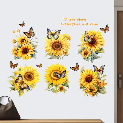 Autocollant Mural Tournesol Papillon Auto-Adhésif Amovible Imperméable pour Salon Chambre Décoration de Maison