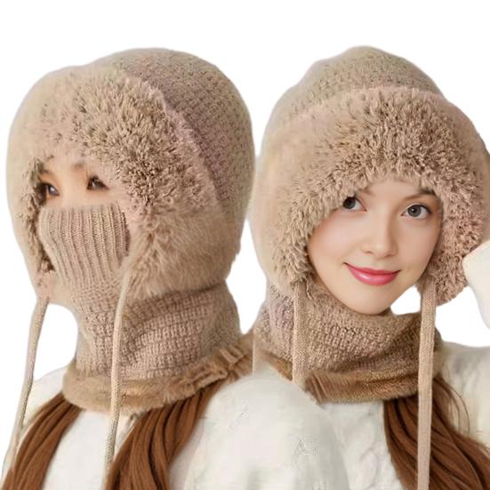 

Knitted Headgear Solid Color 3-in-1 Women Knit Hat Scarf Face Guard Windproof Skiing Hiking Fleece Lined Winter Headband хаки