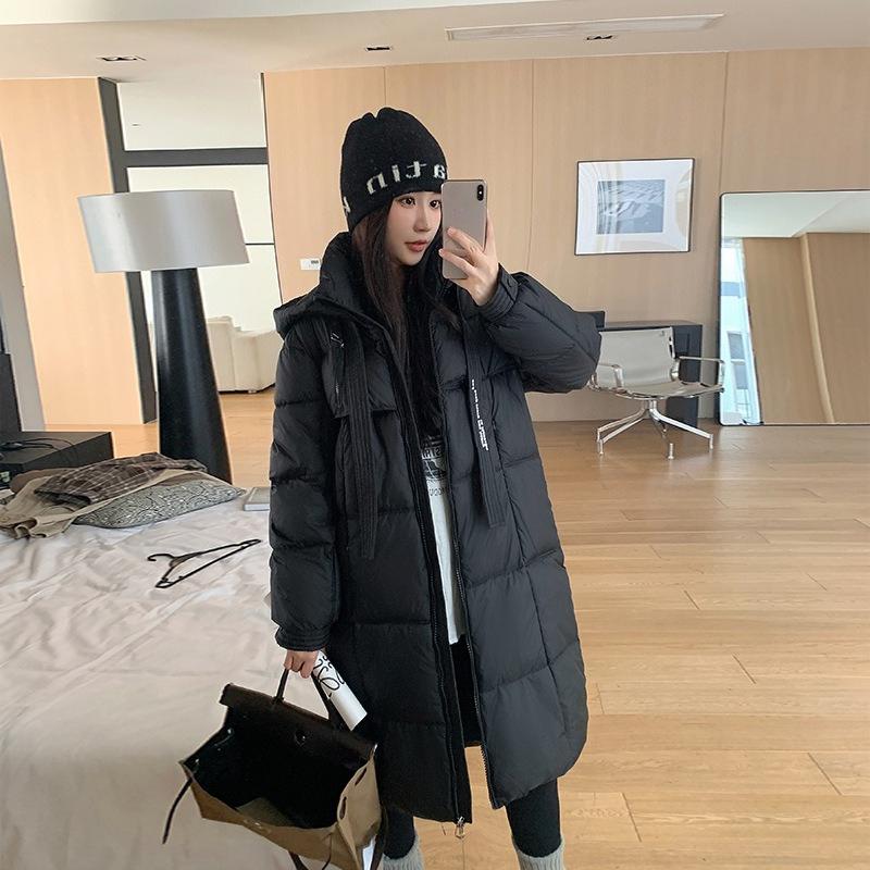 Over-the-knee Cotton-padded Women's Extended New Loose Padded Cotton-padded Jacket Winter Ladies Ribbon Hooded Coat.