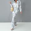 Women's Loose Fit Two Piece Matching Set Long Sleeve Collar Shirt Elastic Waist Wide Leg Pants