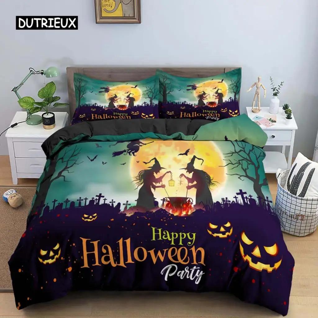 Halloween Duvet Cover Evil Pumpkin Pattern Bedding Set Carnival Night Halloween Holiday Decoration for Teens Boys Bedroom Decor
