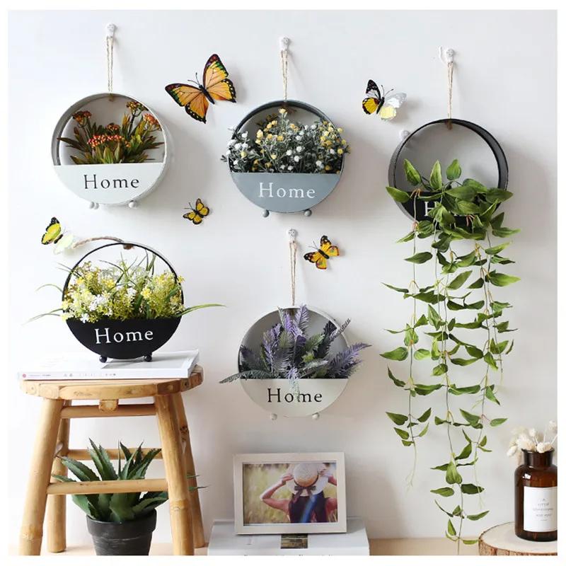 Artificial Wall Hanging Flower Planter Creative Round Modern Storage Shelf Basket Artificial Flowers Balcony Living Art Decor