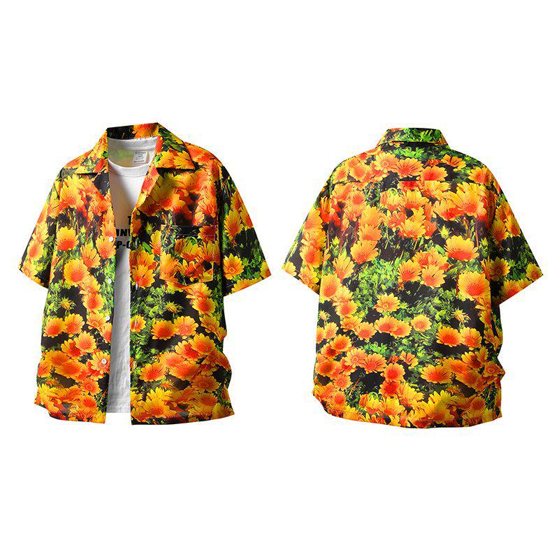Retro Dark Green & Orange Chrysanthemum Cuban Collar Shirt