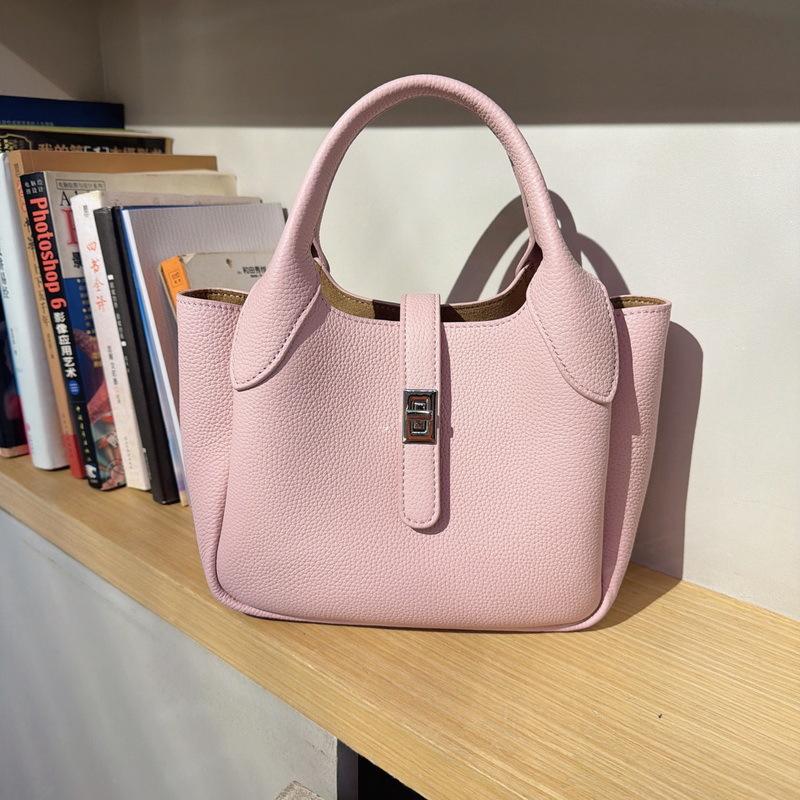 New Leather Women's Bag First Layer Cowhide Li Pattern Leather High-end Feeling Hand Carrying Bucket Bag Women's Lychee Pattern Basket Bag