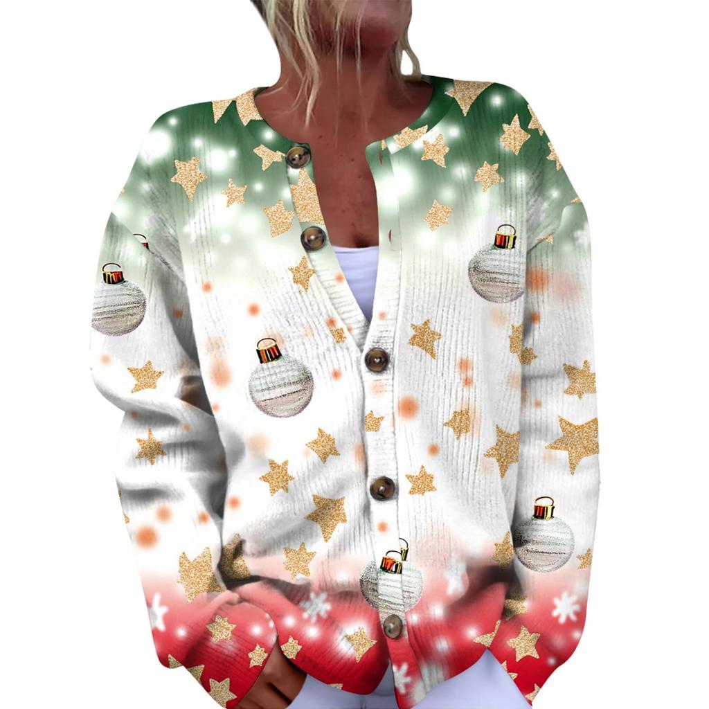 Women's Fashion Christmas Printed Long Sleeve Knitted Cardigan Button Down Jacket