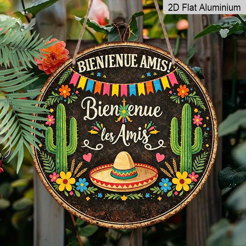 2D Flat, 1pc Round Aluminum "Bienvenue les Amis" Mexican Welcome Sign, Retro Metal Wall Art with Cactus, Sombrero & Fiesta Banner, Waterproof