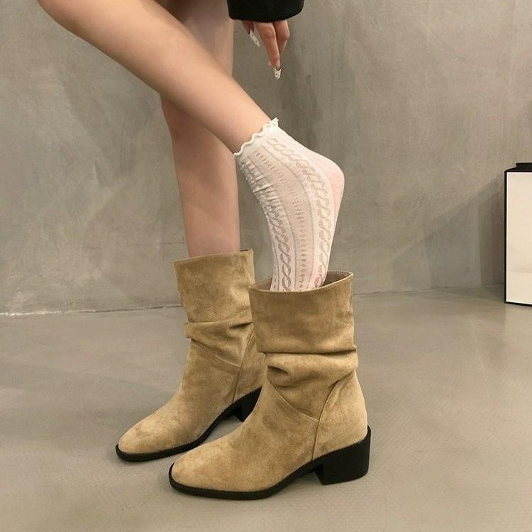 Inner height increase 7cm thick heel retro pleated suede Martin boots 2025 new small man pile small short boots women