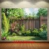 2D Picket Wood Fence Mixed Green Bush Garden Photo Backdrop Cloth