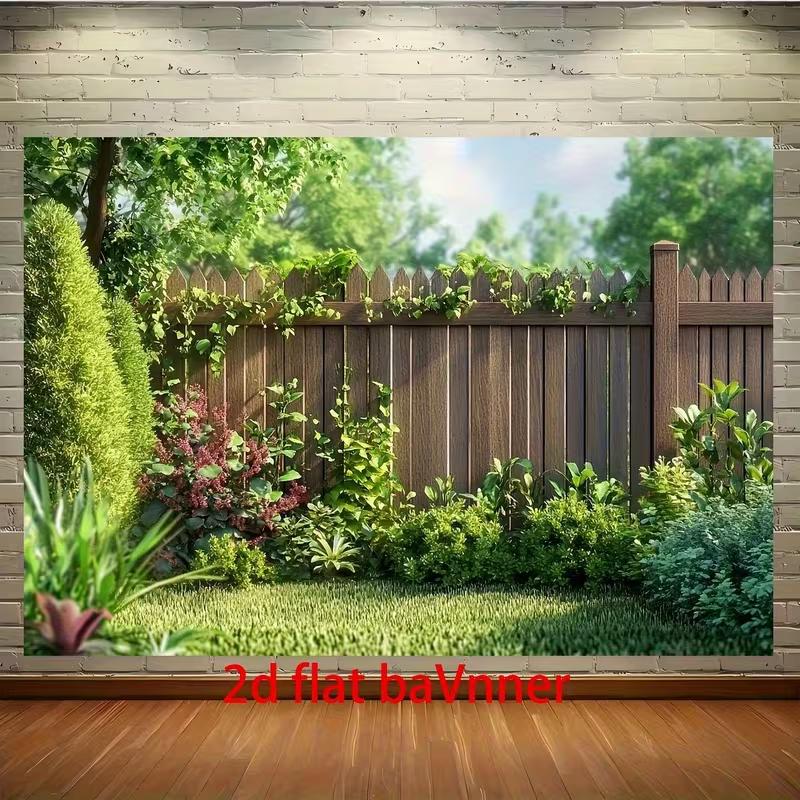 2D Picket Wood Fence Mixed Green Bush Garden Photo Backdrop Cloth