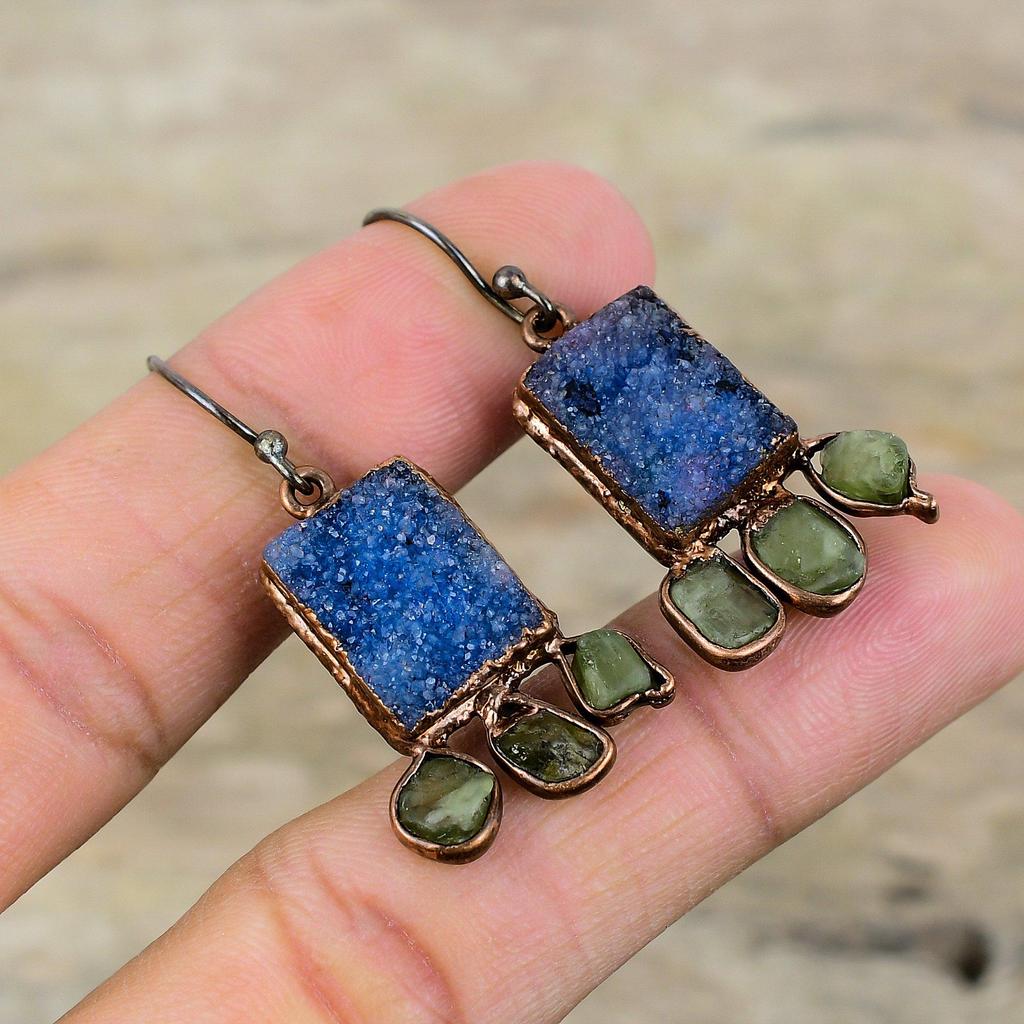 Blue Druzy Gemstone Earring Electroformed Copper Earrings Green Tourmaline Rough Earring Electroformed Jewelry Gift For Her Handmade Earring