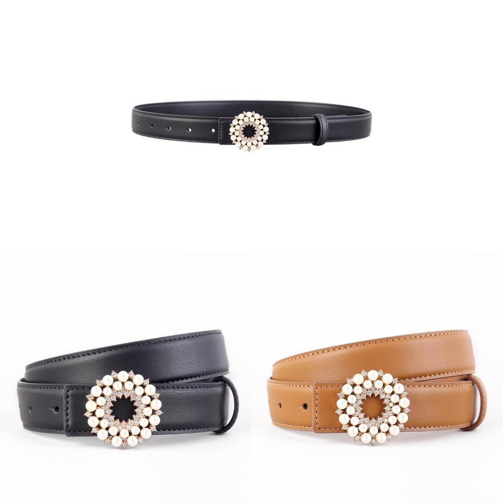Womens Pearl Embellished Leather Belt With Alloy Buckle For Casual Dress And Jeans Accessories