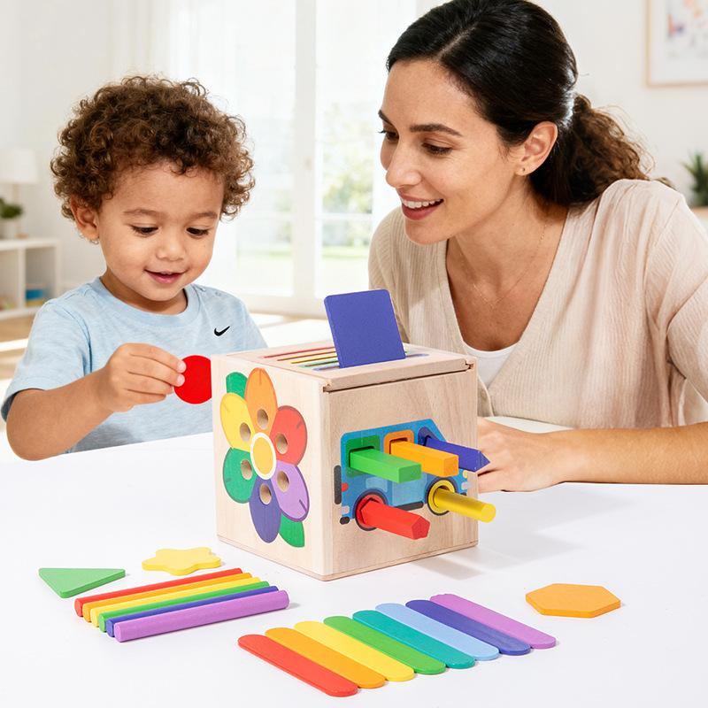 Non-Toxic Montessori Multicolor Shape Sorting Cube Color Cognition Wooden 5 In 1 Multifunctional Box Christmas Birthday Gifts For Todller