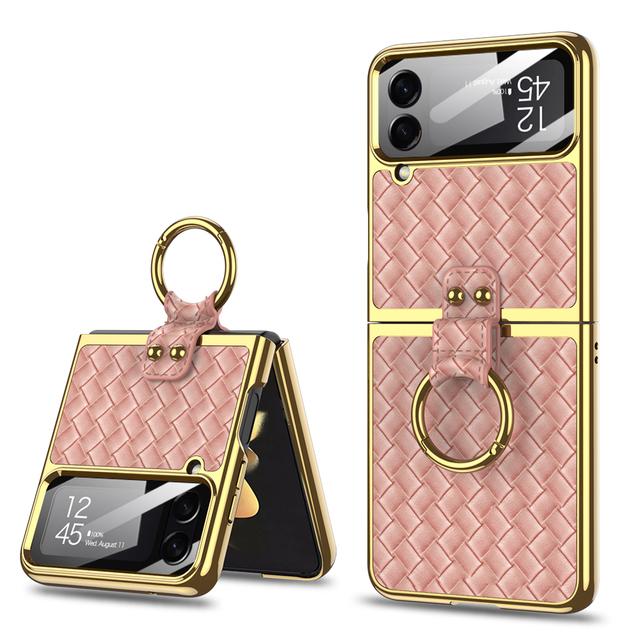 Ring Stand Capa For Samsung Galaxy Z Flip 4 5g Flip4 Case Plating Weave Textured Leather Lens Tempered Glass Plastic Pc Cover